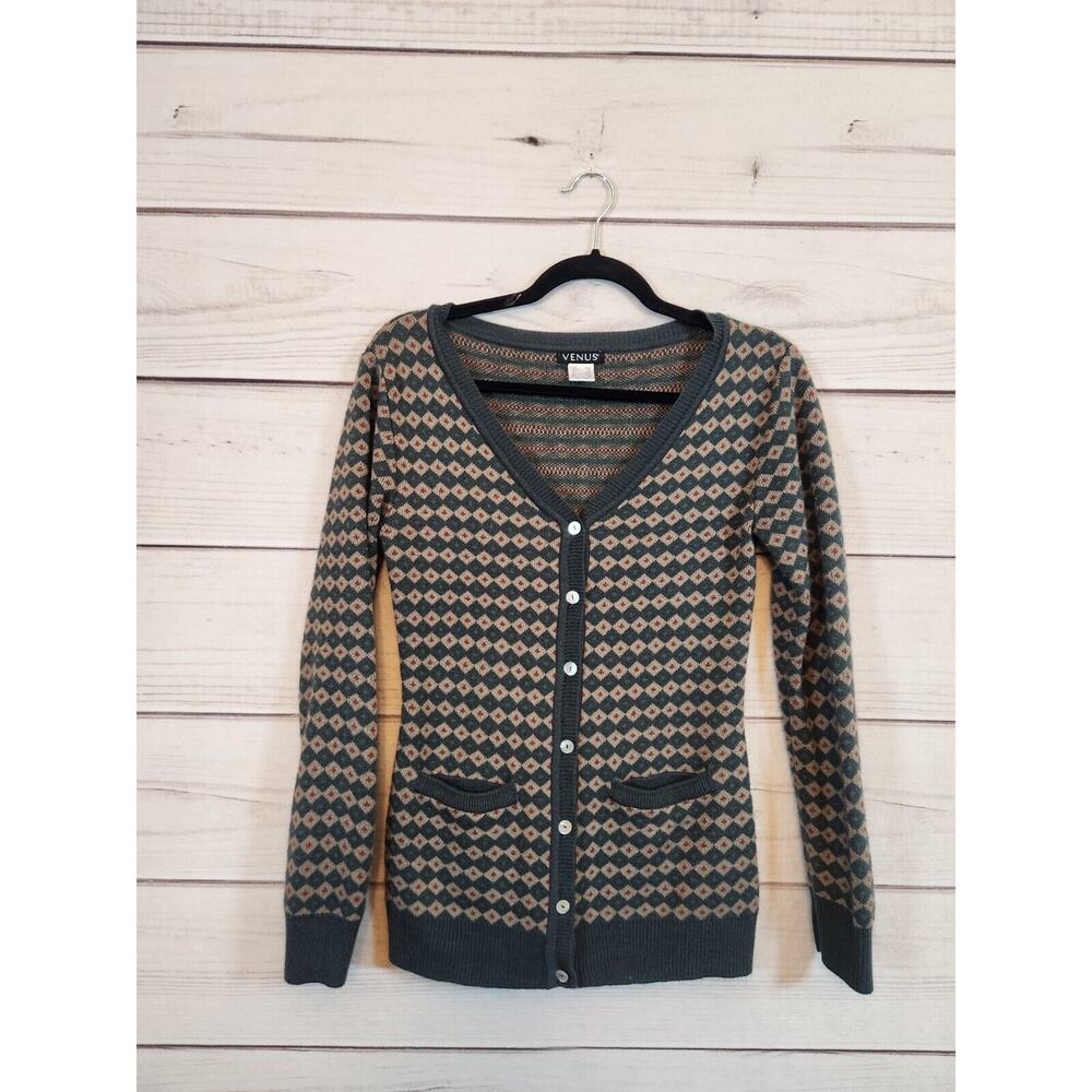 Venus Women's Green Tan Red Geometric Print Button Up Cardigan‎ Size XS